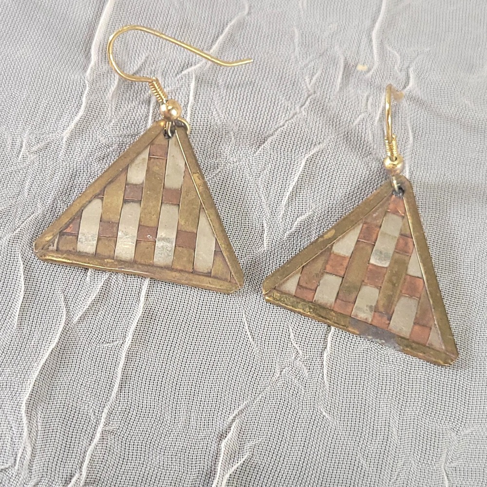 Tri Colored Triangle Earrings Silver Copper Brass Mixed Woven Geometric Dangle